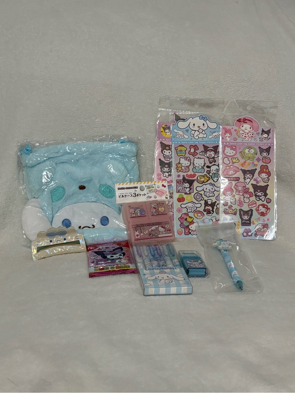 Cinnamoroll Bundle #7B - Pouch, Pens, Stickers, Hair Clip, Trading Cards etc